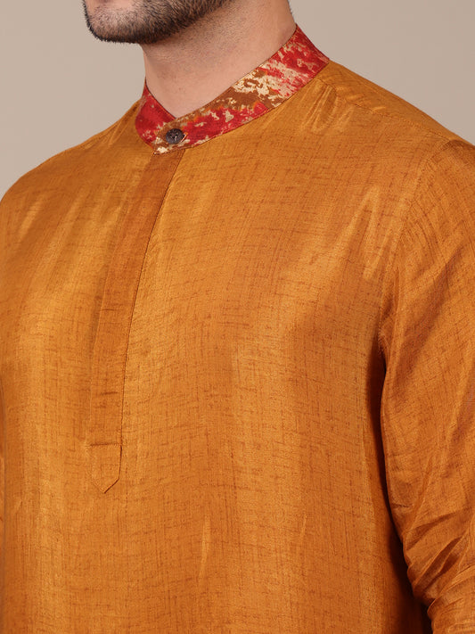 Mustard Tie Dye Pure Muslin Collared Kurta For Men