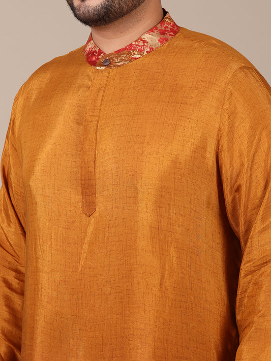 Mustard Tie Dye Pure Muslin Collared Plus Size Kurta For Men