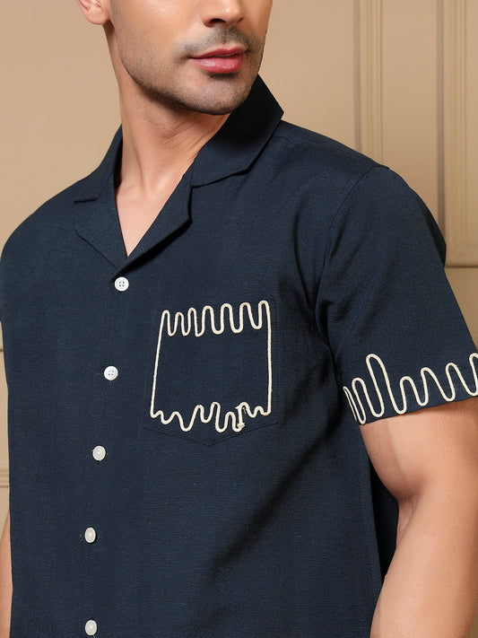 Navy Blue Cotton  Embroidered Shirt With Shorts Men Co-ord Set