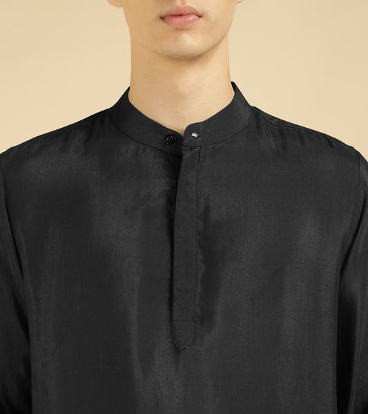 Black Floral Placement Printed Ethnic Kurta For Men