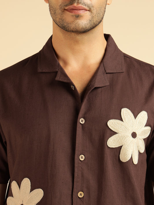 Brown Embroidered Patch Pure Cotton Men Casual Shirt