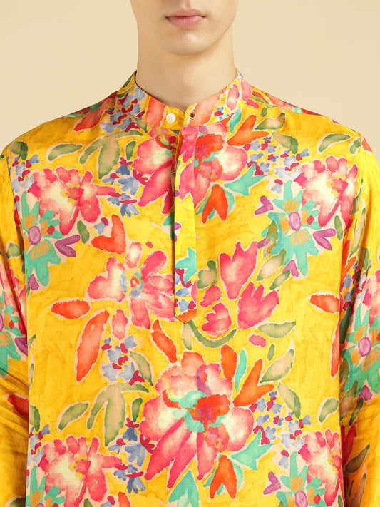 Lemon Yellow Floral Ethnic Kurta For Men