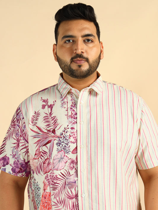 Off White Placement Floral Print With Striped Plus Size Casual Men Shirt