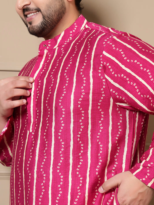 Magenta Bandhani Printed Men Plus Size Kurta