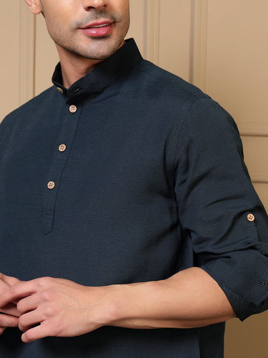 Navy Blue Cotton Kurta With Pant Men Co-ord Set