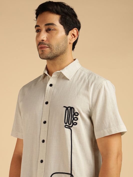 Pure Cotton Off White Embroidered Men Casual Shirt
