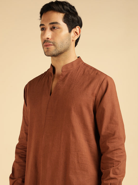Tan Brown Solid Pure Cotton Shirt With Pants Co-Ord Set For Men