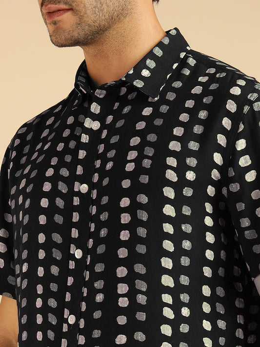 Black Polka Pure Rayon Men Casual Shirt