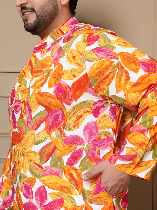 Multicolor Leaf Printed Men Plus Size Kurta