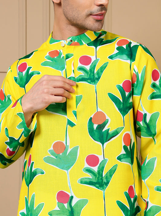 Lemon Yellow Floral Bota Printed Men Kurta