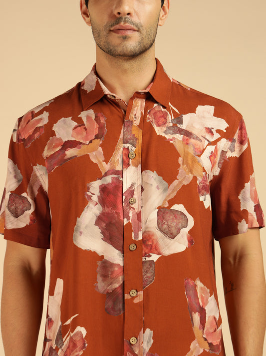 Tan Brown Abstract Printed Pure Rayon Men Casual Shirt