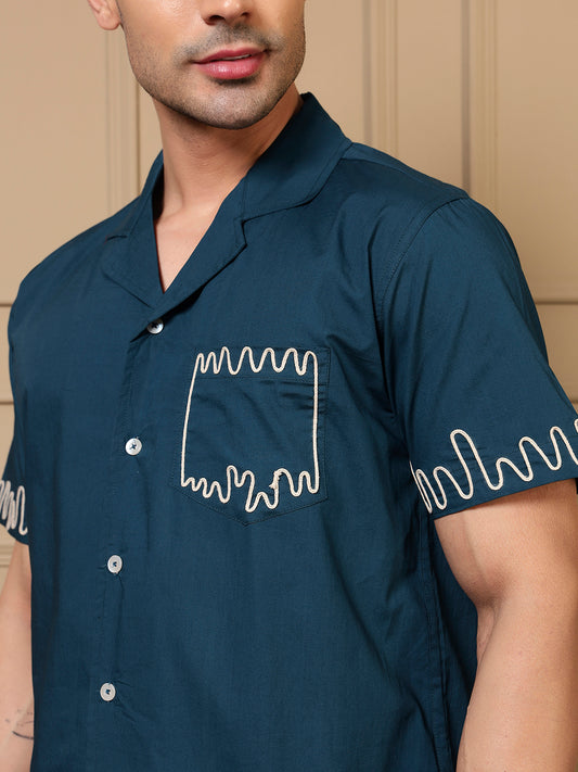 Teal Blue Cotton Embroidered Shirt With Shorts Men Co-ord Set