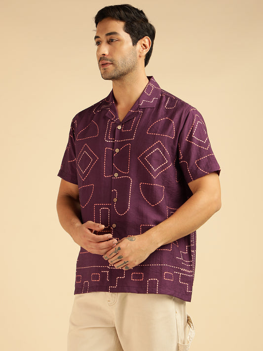 Wine Geometrical Printed Men Casual Shirt