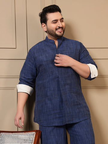 Navy Blue Cotton Textured Plus Size Pleated Kurta For Men