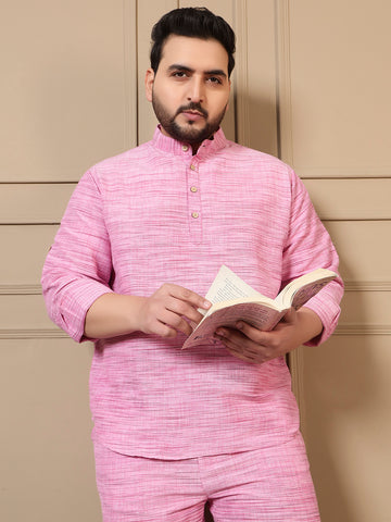 Pink Cotton Textured Plus Size Kurta For Men