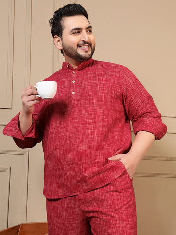 Red Cotton Textured Plus Size Kurta For Men