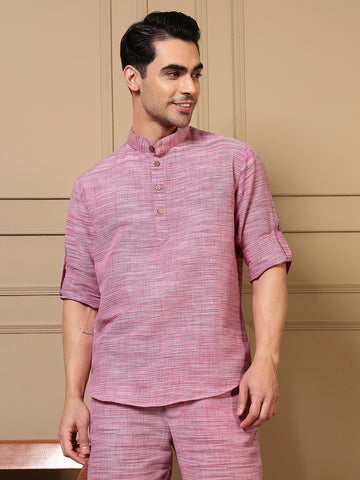 Pink Cotton Textured Kurta For Men