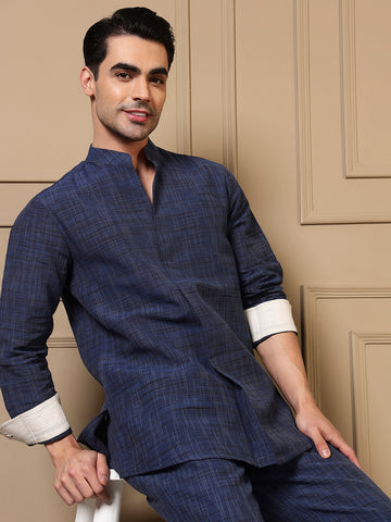 Navy Blue Cotton Textured Pleated Kurta For Men