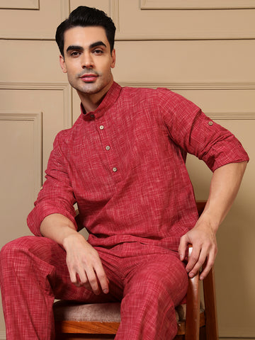Red Textured Kurta For Men