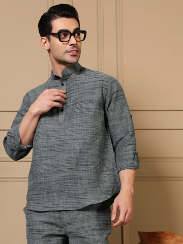 Grey Cotton Textured Printed Kurta For Men