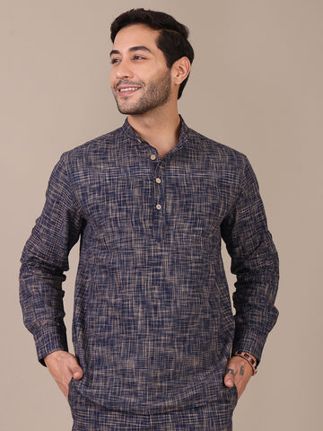 Handloom Cotton Navy Blue Mandarin Collar Kurta For Men