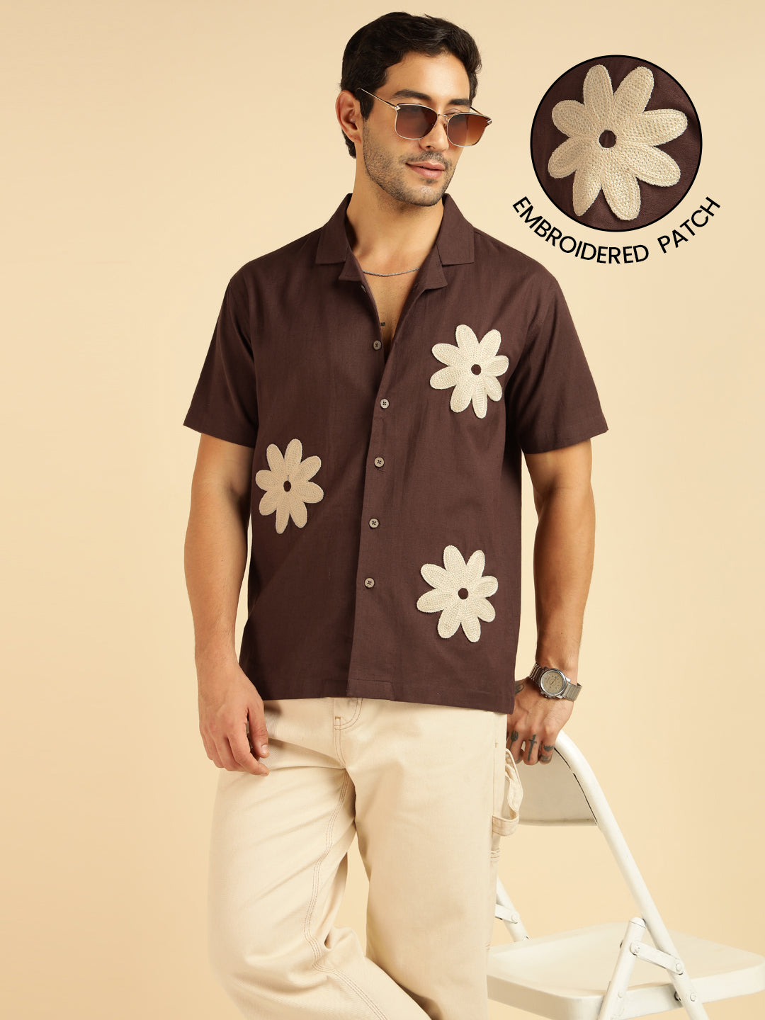 Brown Embroidered Patch Pure Cotton Men Casual Shirt