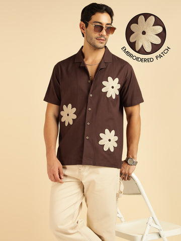 Brown Embroidered Patch Pure Cotton Men Casual Shirt