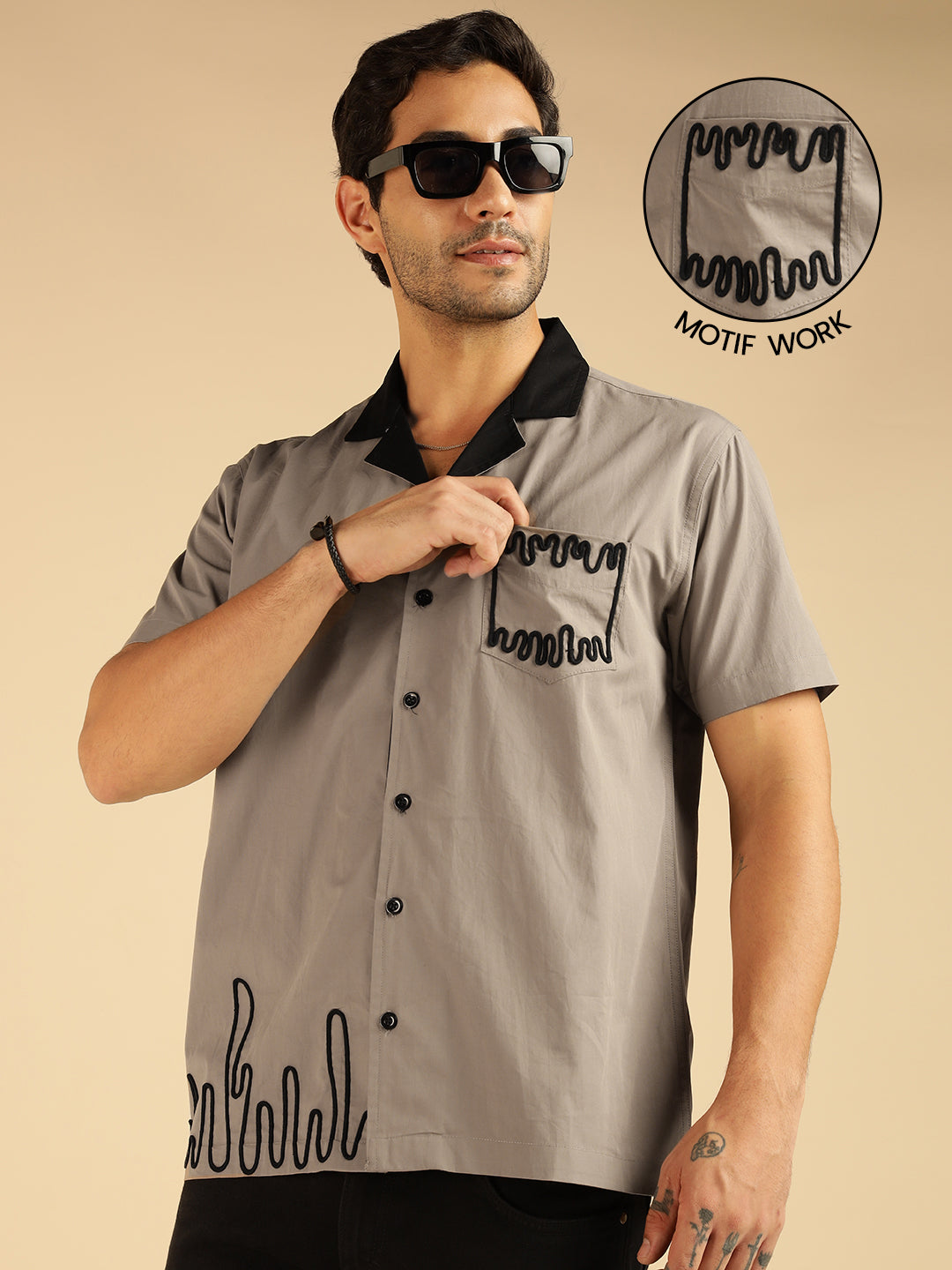 Grey Pure Cotton Embroidered Men Casual Shirt
